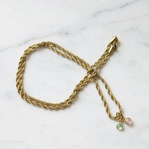 ✨ Dainty Gold Tone Rope Chain with Rose Quartz & Ocean Blue Chalcedony Pendants✨